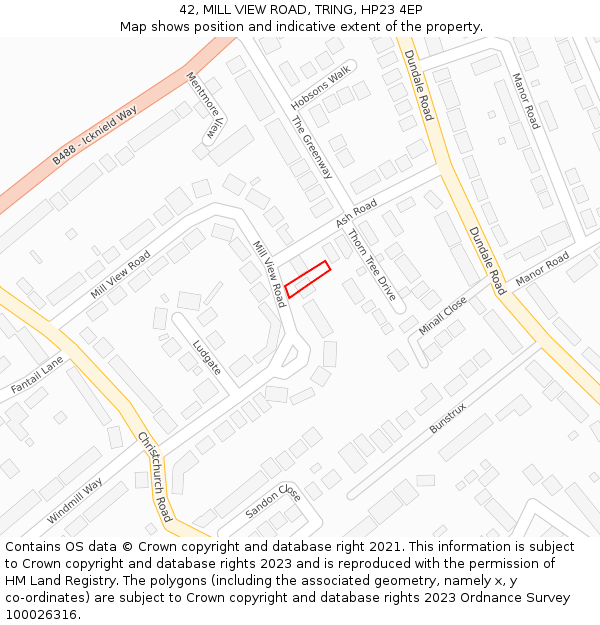 42, MILL VIEW ROAD, TRING, HP23 4EP: Location map and indicative extent of plot