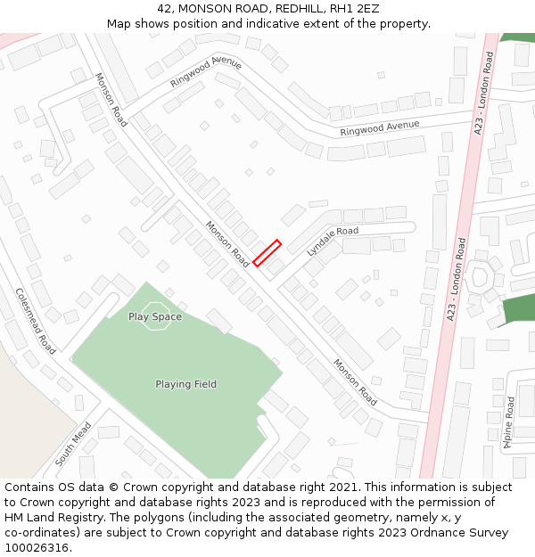 42, MONSON ROAD, REDHILL, RH1 2EZ: Location map and indicative extent of plot