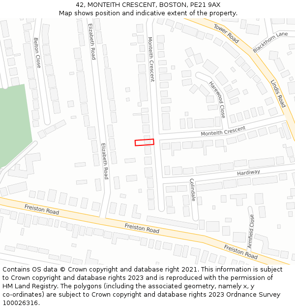 42, MONTEITH CRESCENT, BOSTON, PE21 9AX: Location map and indicative extent of plot