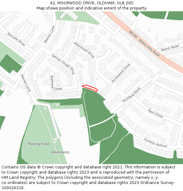 42, MOORWOOD DRIVE, OLDHAM, OL8 2XD: Location map and indicative extent of plot