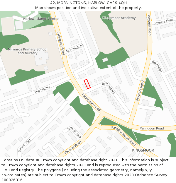 42, MORNINGTONS, HARLOW, CM19 4QH: Location map and indicative extent of plot