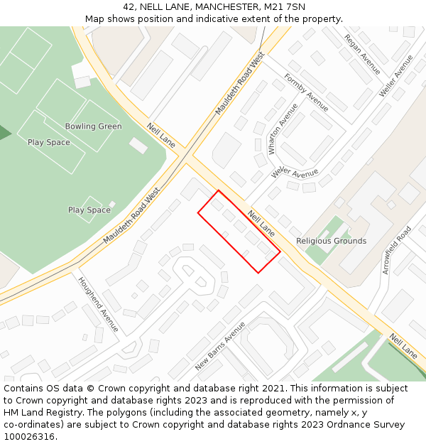 42, NELL LANE, MANCHESTER, M21 7SN: Location map and indicative extent of plot