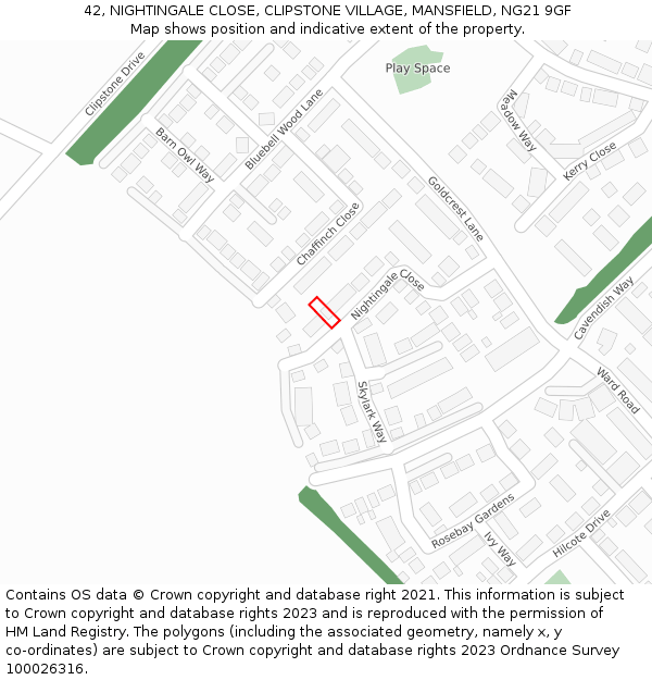 42, NIGHTINGALE CLOSE, CLIPSTONE VILLAGE, MANSFIELD, NG21 9GF: Location map and indicative extent of plot