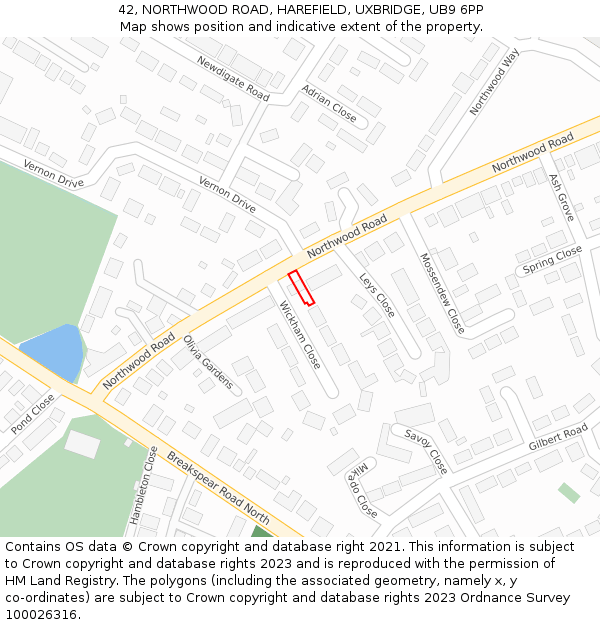 42, NORTHWOOD ROAD, HAREFIELD, UXBRIDGE, UB9 6PP: Location map and indicative extent of plot