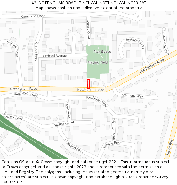 42, NOTTINGHAM ROAD, BINGHAM, NOTTINGHAM, NG13 8AT: Location map and indicative extent of plot