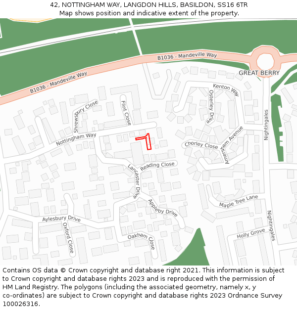 42, NOTTINGHAM WAY, LANGDON HILLS, BASILDON, SS16 6TR: Location map and indicative extent of plot