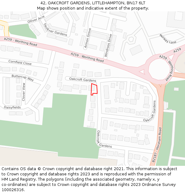 42, OAKCROFT GARDENS, LITTLEHAMPTON, BN17 6LT: Location map and indicative extent of plot