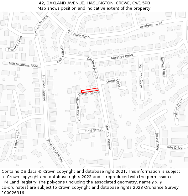 42, OAKLAND AVENUE, HASLINGTON, CREWE, CW1 5PB: Location map and indicative extent of plot