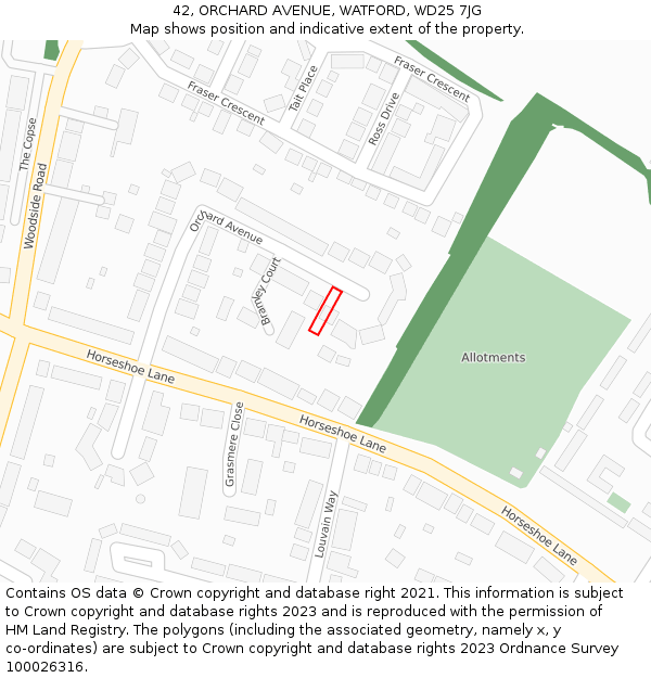 42, ORCHARD AVENUE, WATFORD, WD25 7JG: Location map and indicative extent of plot