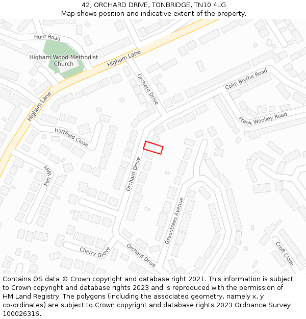 42, ORCHARD DRIVE, TONBRIDGE, TN10 4LG: Location map and indicative extent of plot