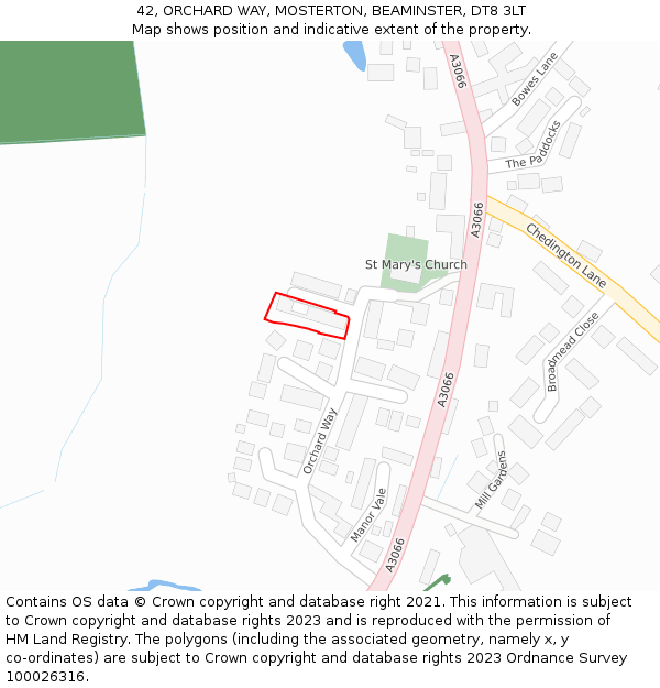 42, ORCHARD WAY, MOSTERTON, BEAMINSTER, DT8 3LT: Location map and indicative extent of plot