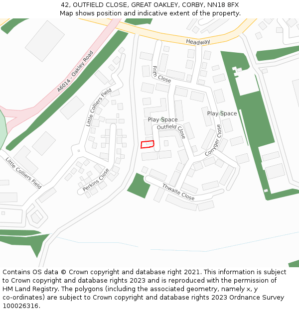42, OUTFIELD CLOSE, GREAT OAKLEY, CORBY, NN18 8FX: Location map and indicative extent of plot