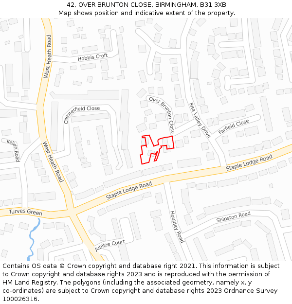 42, OVER BRUNTON CLOSE, BIRMINGHAM, B31 3XB: Location map and indicative extent of plot