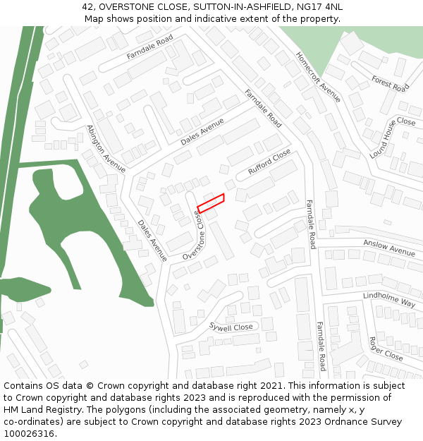 42, OVERSTONE CLOSE, SUTTON-IN-ASHFIELD, NG17 4NL: Location map and indicative extent of plot