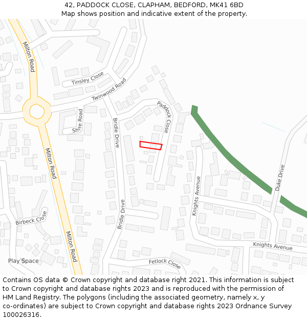 42, PADDOCK CLOSE, CLAPHAM, BEDFORD, MK41 6BD: Location map and indicative extent of plot