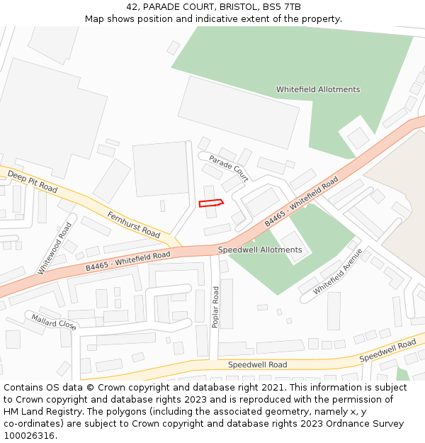 42, PARADE COURT, BRISTOL, BS5 7TB: Location map and indicative extent of plot