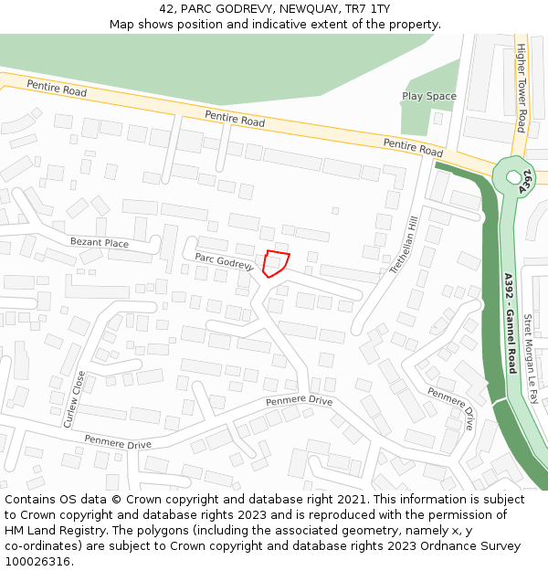 42, PARC GODREVY, NEWQUAY, TR7 1TY: Location map and indicative extent of plot