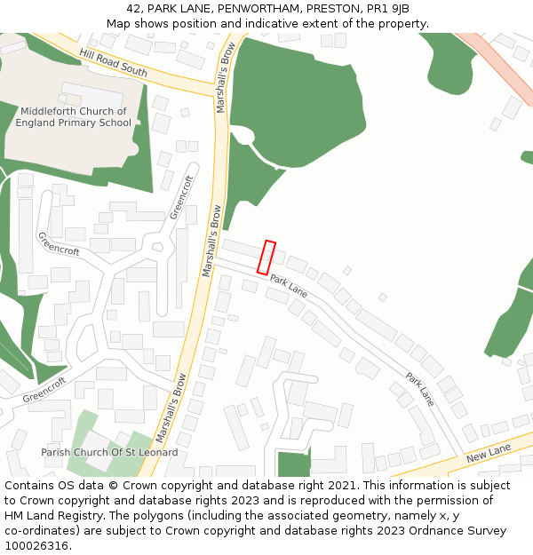 42, PARK LANE, PENWORTHAM, PRESTON, PR1 9JB: Location map and indicative extent of plot