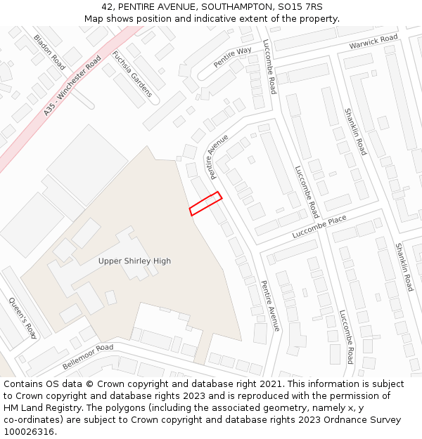 42, PENTIRE AVENUE, SOUTHAMPTON, SO15 7RS: Location map and indicative extent of plot