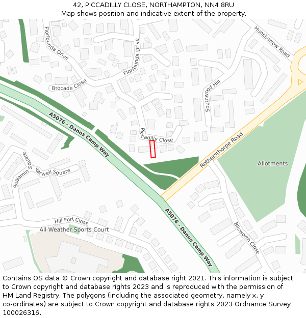 42, PICCADILLY CLOSE, NORTHAMPTON, NN4 8RU: Location map and indicative extent of plot