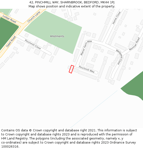 42, PINCHMILL WAY, SHARNBROOK, BEDFORD, MK44 1PJ: Location map and indicative extent of plot
