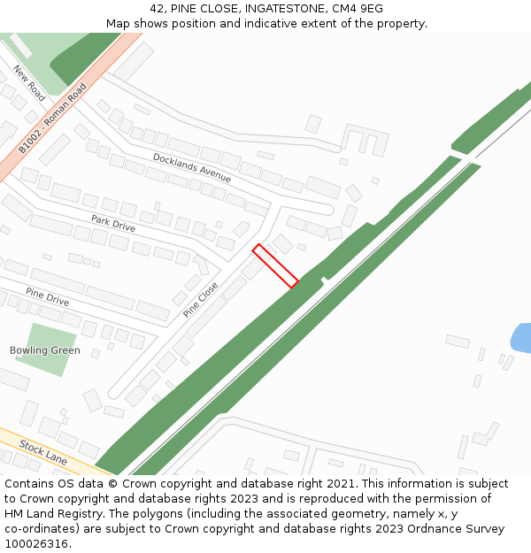 42, PINE CLOSE, INGATESTONE, CM4 9EG: Location map and indicative extent of plot