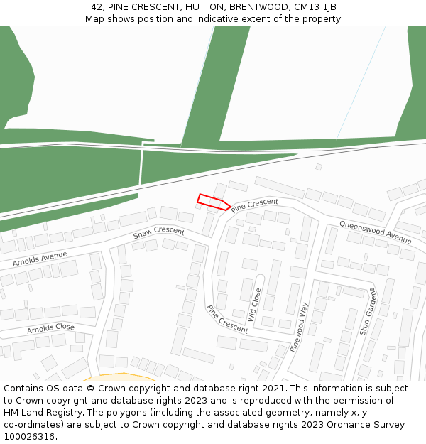 42, PINE CRESCENT, HUTTON, BRENTWOOD, CM13 1JB: Location map and indicative extent of plot