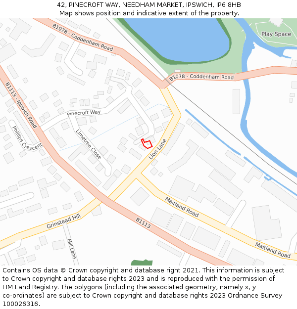 42, PINECROFT WAY, NEEDHAM MARKET, IPSWICH, IP6 8HB: Location map and indicative extent of plot