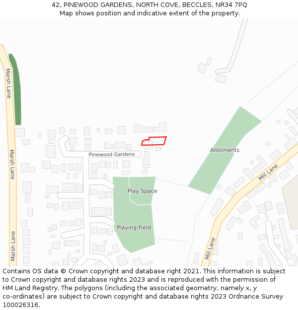 42, PINEWOOD GARDENS, NORTH COVE, BECCLES, NR34 7PQ: Location map and indicative extent of plot