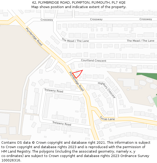 42, PLYMBRIDGE ROAD, PLYMPTON, PLYMOUTH, PL7 4QE: Location map and indicative extent of plot
