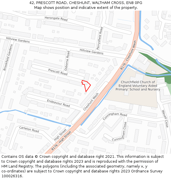 42, PRESCOTT ROAD, CHESHUNT, WALTHAM CROSS, EN8 0PG: Location map and indicative extent of plot