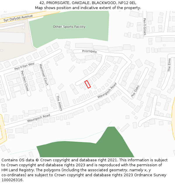 42, PRIORSGATE, OAKDALE, BLACKWOOD, NP12 0EL: Location map and indicative extent of plot