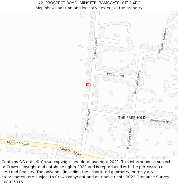 42, PROSPECT ROAD, MINSTER, RAMSGATE, CT12 4EG: Location map and indicative extent of plot