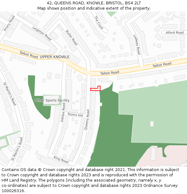 42, QUEENS ROAD, KNOWLE, BRISTOL, BS4 2LT: Location map and indicative extent of plot