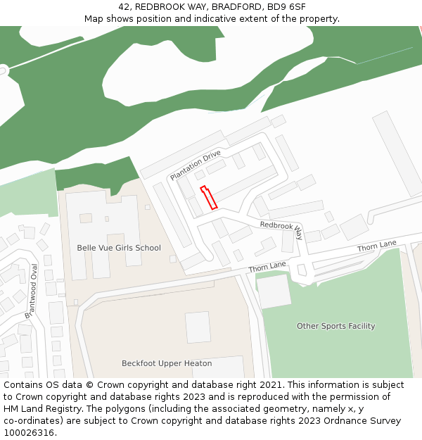 42, REDBROOK WAY, BRADFORD, BD9 6SF: Location map and indicative extent of plot