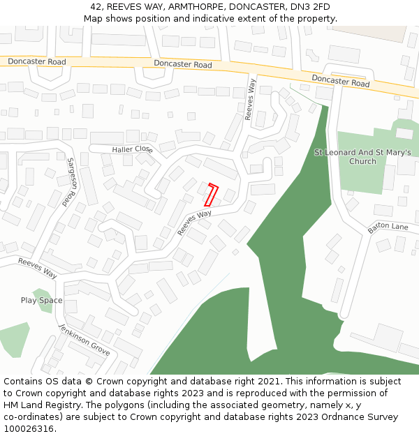42, REEVES WAY, ARMTHORPE, DONCASTER, DN3 2FD: Location map and indicative extent of plot