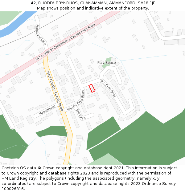 42, RHODFA BRYNRHOS, GLANAMMAN, AMMANFORD, SA18 1JF: Location map and indicative extent of plot