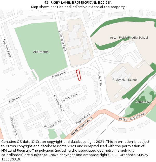 42, RIGBY LANE, BROMSGROVE, B60 2EN: Location map and indicative extent of plot