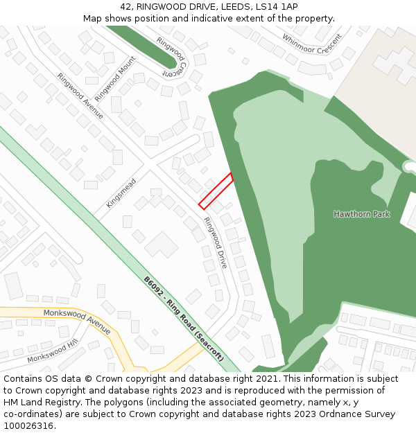 42, RINGWOOD DRIVE, LEEDS, LS14 1AP: Location map and indicative extent of plot