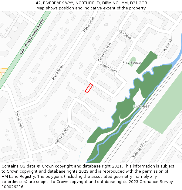 42, RIVERPARK WAY, NORTHFIELD, BIRMINGHAM, B31 2GB: Location map and indicative extent of plot