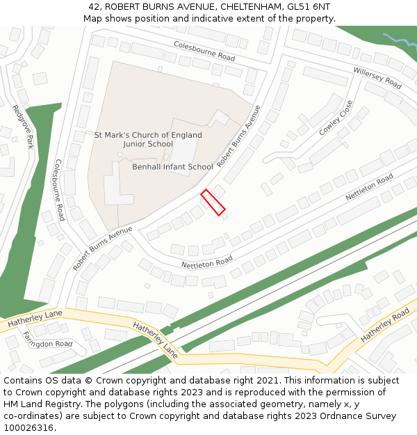 42, ROBERT BURNS AVENUE, CHELTENHAM, GL51 6NT: Location map and indicative extent of plot