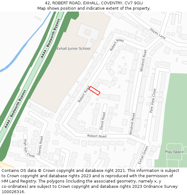 42, ROBERT ROAD, EXHALL, COVENTRY, CV7 9GU: Location map and indicative extent of plot