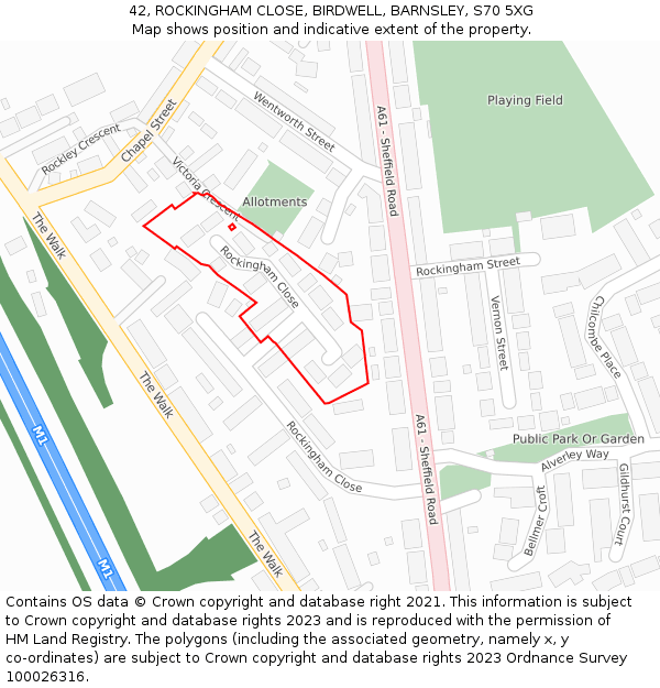 42, ROCKINGHAM CLOSE, BIRDWELL, BARNSLEY, S70 5XG: Location map and indicative extent of plot