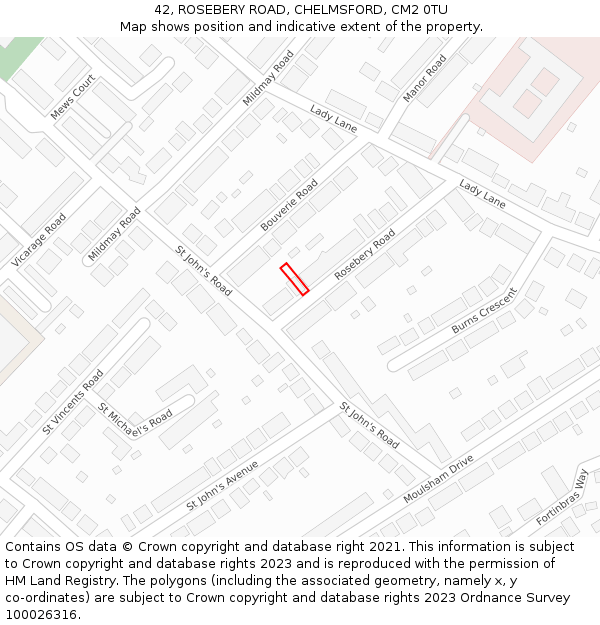 42, ROSEBERY ROAD, CHELMSFORD, CM2 0TU: Location map and indicative extent of plot