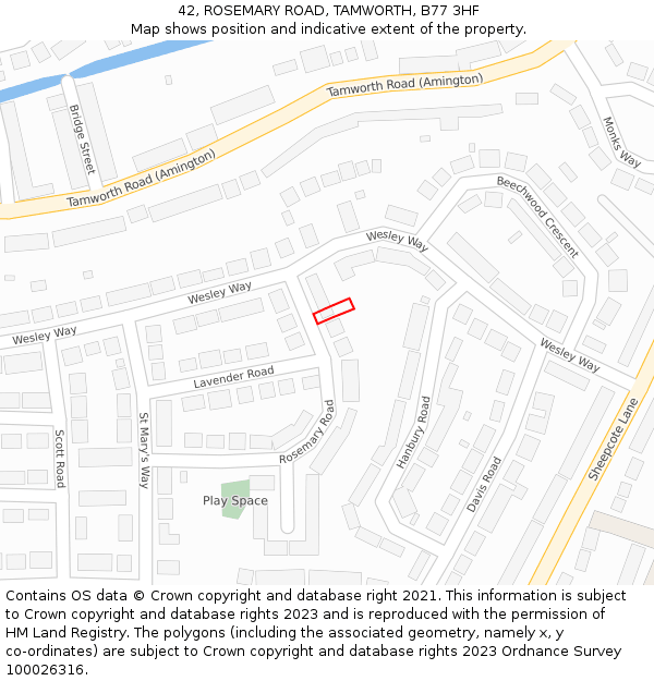 42, ROSEMARY ROAD, TAMWORTH, B77 3HF: Location map and indicative extent of plot