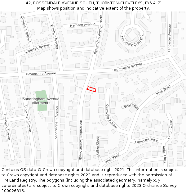 42, ROSSENDALE AVENUE SOUTH, THORNTON-CLEVELEYS, FY5 4LZ: Location map and indicative extent of plot