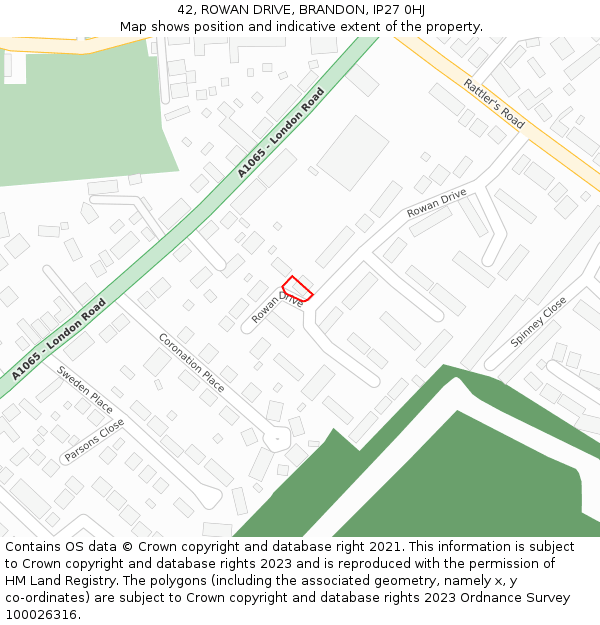 42, ROWAN DRIVE, BRANDON, IP27 0HJ: Location map and indicative extent of plot
