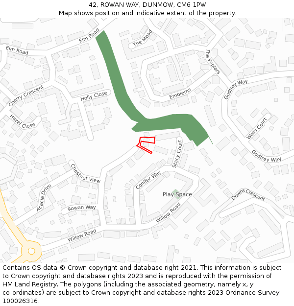 42, ROWAN WAY, DUNMOW, CM6 1PW: Location map and indicative extent of plot
