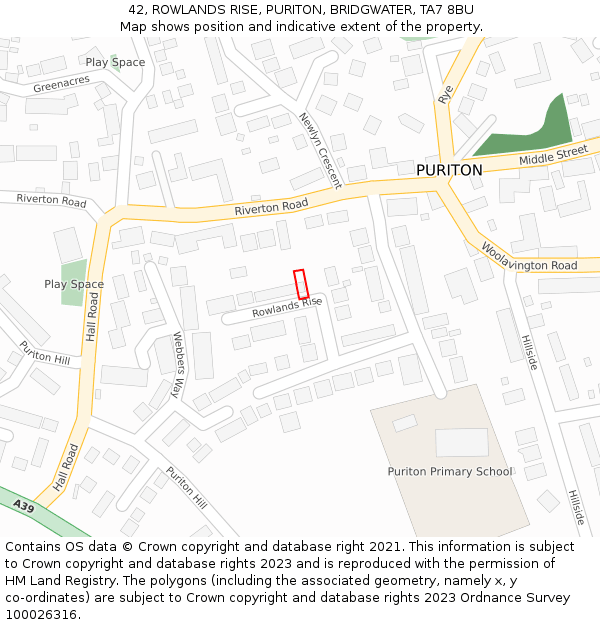 42, ROWLANDS RISE, PURITON, BRIDGWATER, TA7 8BU: Location map and indicative extent of plot