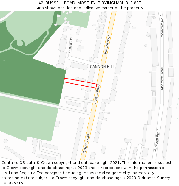 42, RUSSELL ROAD, MOSELEY, BIRMINGHAM, B13 8RE: Location map and indicative extent of plot